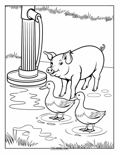 Coloriage d'animaux de la ferme pour enfants : Un cochon et des canards se rassemblent près d'une pompe à eau avec des flaques d'eau sur le sol