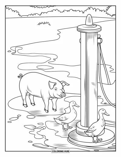 Coloriage d'animaux de la ferme pour enfants : Un cochon et des canards se tiennent près d'une pompe à eau, entourés de petites flaques d'eau
