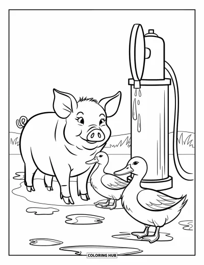 Coloriage d'animaux de la ferme pour enfants : Un cochon et deux canards se tiennent près d'une pompe avec des flaques d'eau se formant à leurs pieds