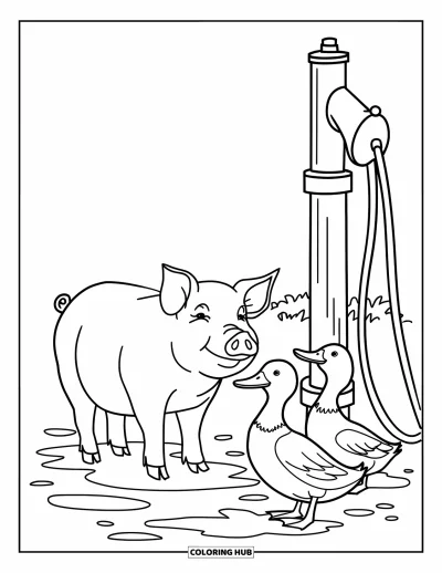 Coloriage d'animaux de la ferme pour enfants : Un cochon et deux canards se tiennent près d'une pompe à eau avec des flaques d'eau autour