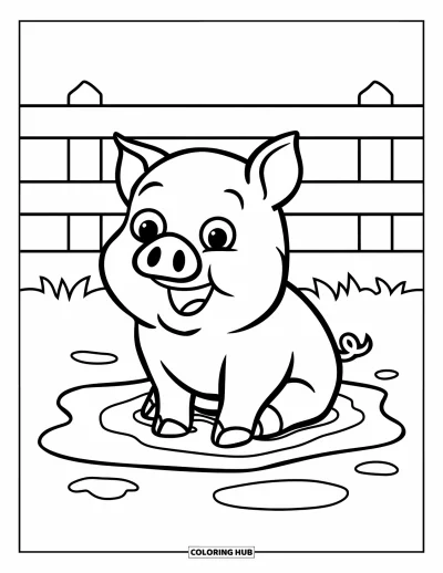 Coloriage d'animaux de la ferme pour enfants : Un cochon est assis joyeusement dans une flaque boueuse près d'une clôture en bois