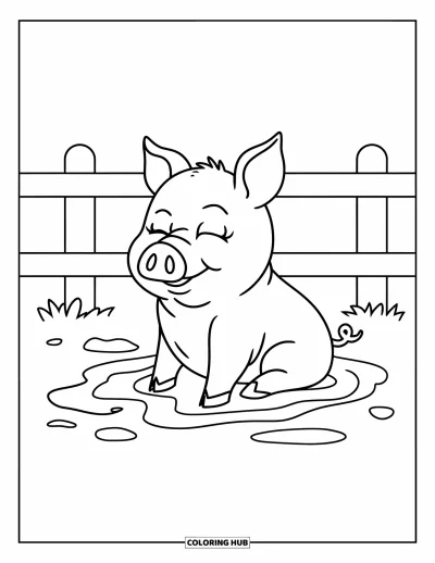 Coloriage d'animaux de la ferme pour enfants : Un cochon aux yeux fermés est assis dans la boue près d'une simple clôture