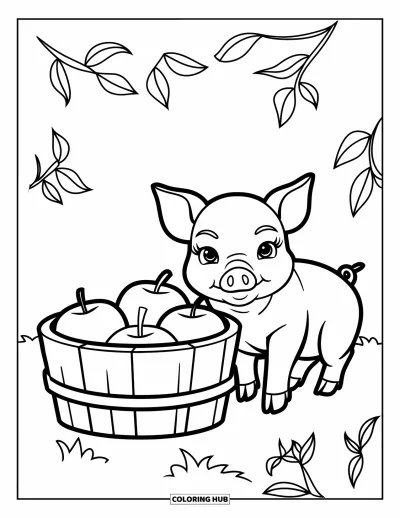 Coloriage d'animaux de la ferme pour enfants : Un porcelet fait la sieste à côté d'un seau de pommes avec des feuilles éparpillées autour
