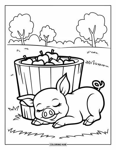 Coloriage d'animaux de la ferme pour enfants : Un porcelet se repose près d'un seau de pommes dans un champ avec des arbres à proximité