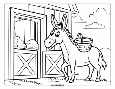 Coloriage d'animaux de la ferme pour enfants : Un âne enjoué se tient près d'une porte de grange portant un petit panier
