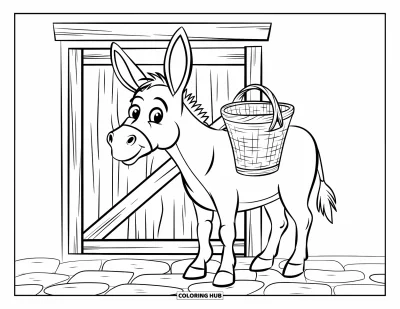 Coloriage d'animaux de la ferme pour enfants : Un âne enjoué se tient près d'une porte de grange avec un petit panier sur son dos