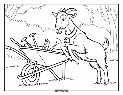 Coloriage d'animaux de la ferme pour enfants : Une chèvre enjouée saute près d'une brouette remplie d'outils de jardin et d'arbres derrière