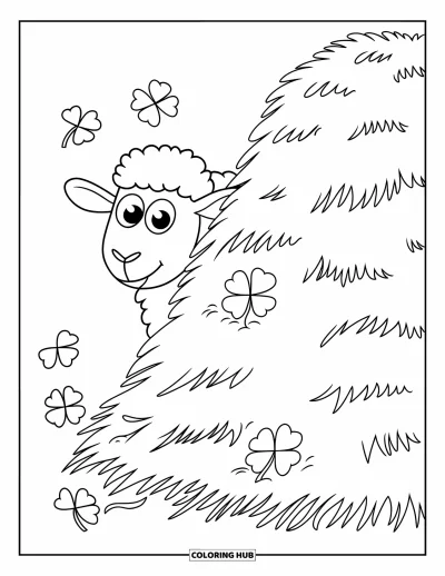 Coloriage d'animaux de la ferme pour enfants : Un mouton joueur jette un coup d'œil depuis une meule de foin entourée de trèfles éparpillés