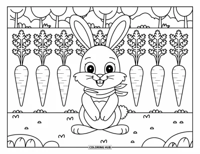 Coloriage d'animaux de la ferme pour enfants : Un lapin avec une écharpe est assis près de grandes carottes et d'arbres