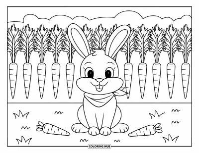 Coloriage d'animaux de la ferme pour enfants : Un lapin est assis avec de petites carottes devant et de grandes derrière