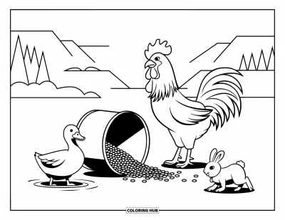 Coloriage d'animaux de la ferme pour enfants : Un coq déploie ses ailes tandis qu'un canard patauge et qu'un lapin saute à proximité