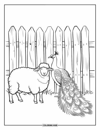 Coloriage d'animaux de la ferme pour enfants : Un mouton et un paon se tiennent côte à côte près d'une clôture en bois rustique