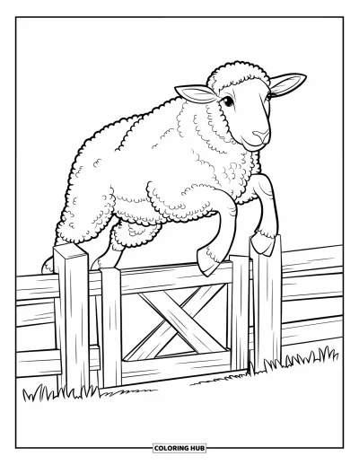 Coloriage d'animaux de la ferme pour enfants : Un mouton saute par-dessus une clôture en bois les pattes bien écartées