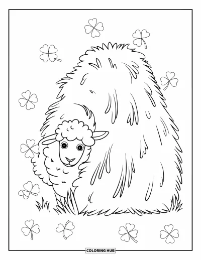 Coloriage d'animaux de la ferme pour enfants : Un mouton regarde derrière une grande meule de foin avec des trèfles sur le sol