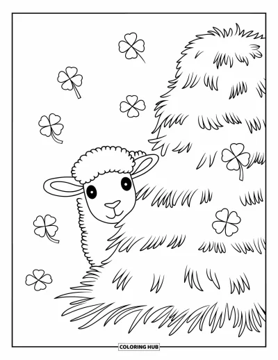 Coloriage d'animaux de la ferme pour enfants : Un mouton passe la tête derrière une botte de foin avec des trèfles sur le sol