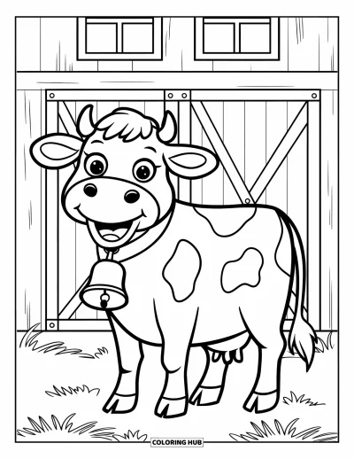 Coloriage d'animaux de la ferme pour enfants : Une vache souriante avec une cloche se tient près d'une grange et d'un sol recouvert de paille