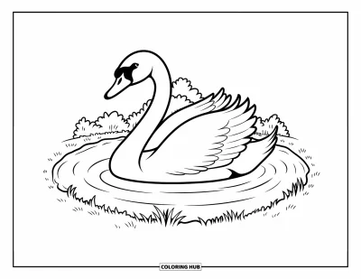 Coloriage d'animaux de la ferme pour enfants : Un cygne flotte calmement dans un étang entouré d'herbe et d'arbres lointains