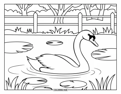 Coloriage d'animaux de la ferme pour enfants : Un cygne glisse gracieusement dans un étang de ferme avec des nénuphars et des arbres à proximité