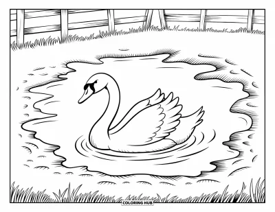 Coloriage d'animaux de la ferme pour enfants : Un cygne glisse dans un étang de ferme avec une clôture et un champ herbeux autour