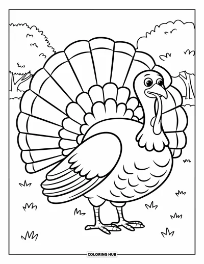 Coloriage d'animaux de la ferme pour enfants : Une dinde avec des plumes en forme d'éventail se tient sur l'herbe avec des arbres derrière