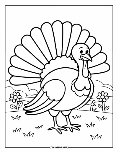 Coloriage d'animaux de la ferme pour enfants : Une dinde avec des plumes déployées se tient sur l'herbe avec des fleurs en arrière-plan