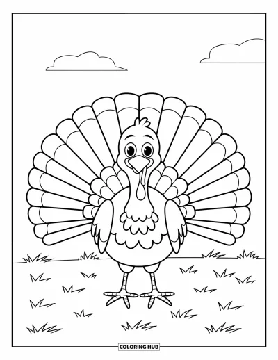 Coloriage d'animaux de la ferme pour enfants : Une dinde avec de larges plumes de queue se tient sur l'herbe sous un ciel avec des nuages
