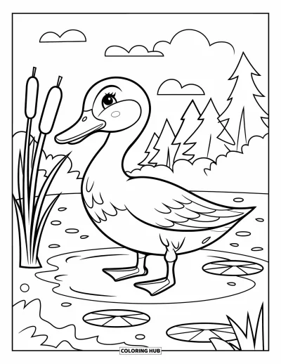 Coloriage d'animaux de la ferme pour enfants : Un canard qui se dandine passe devant un étang avec des nénuphars et des nuages ​​doux au-dessus