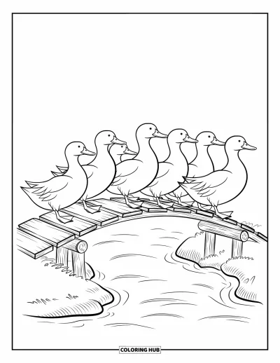 Coloriage d'animaux de la ferme pour enfants : Des canards traversent un pont en bois avec de l'eau calme qui coule en dessous
