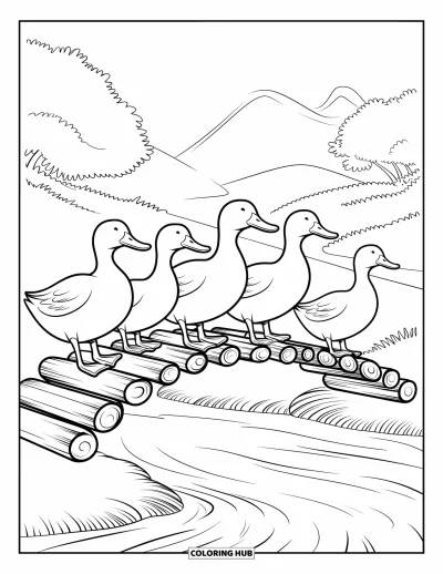 Coloriage d'animaux de la ferme pour enfants : Des canards se tiennent sur un pont en rondins au-dessus d'un ruisseau avec des arbres et des montagnes derrière
