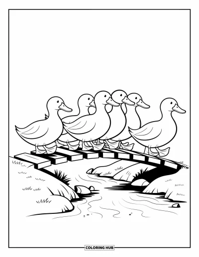 Coloriage d'animaux de la ferme pour enfants : Des canards marchent en rang sur un pont avec de l'eau et des rochers en dessous