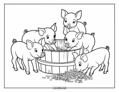 Coloriage d'animaux de la ferme pour enfants : Des porcelets jouent joyeusement autour d'un seau avec de la nourriture renversée et une clôture derrière
