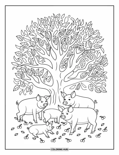 Coloriage d'animaux de la ferme pour enfants : Des cochons se détendent sous un grand arbre avec des fruits éparpillés sur le sol