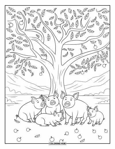 Coloriage d'animaux de la ferme pour enfants : Des cochons sont assis en cercle sous un arbre feuillu avec des montagnes et de l'eau derrière