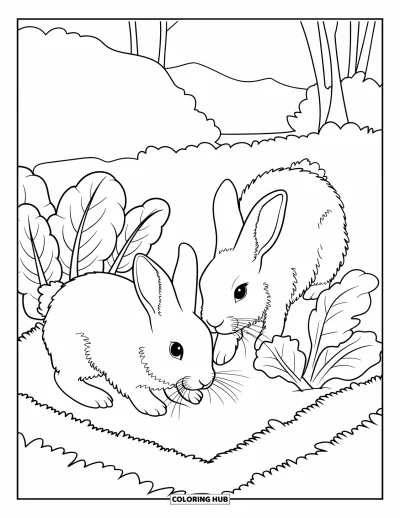 Coloriage d'animaux de la ferme pour enfants : Des lapins explorent un potager avec des plantes à feuilles et des montagnes en arrière-plan