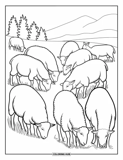 Coloriage d'animaux de la ferme pour enfants : Des moutons se tiennent en demi-cercle avec des arbres et une montagne derrière eux