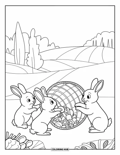 Coloriage d'animaux de la ferme pour enfants : Trois lapins joueurs se rassemblent près d'un panier renversé dans un champ avec des collines et des arbres