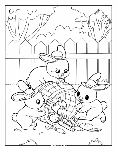 Coloriage d'animaux de la ferme pour enfants : Trois lapins portant de petits chapeaux jouent près d'un panier de légumes renversé