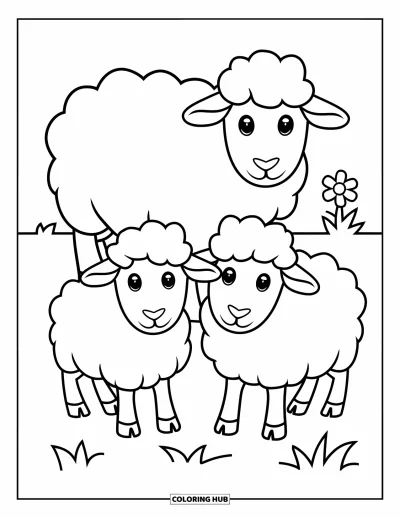Coloriage d'animaux de la ferme pour enfants : Deux moutons moelleux se tiennent sur l'herbe avec une petite fleur à proximité