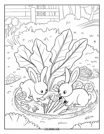 Coloriage d'animaux de la ferme pour enfants : Deux lapins avec de petits chapeaux explorent un jardin avec des légumes et des arbres à proximité