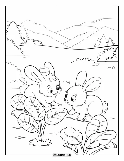 Coloriage d'animaux de la ferme pour enfants : Deux lapins portant des chapeaux explorent un potager avec des montagnes et des arbres derrière