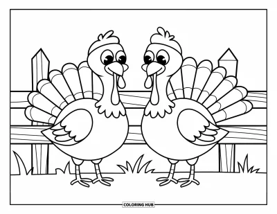 Coloriage d'animaux de la ferme pour enfants : Deux dindes rondes se tiennent près d'une clôture avec des lattes de bois inclinées