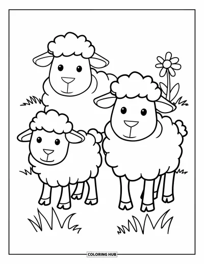 Coloriage d'animaux de la ferme pour enfants : Deux moutons se tiennent sur de l'herbe douce avec une petite fleur à côté d'eux