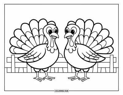 Coloriage d'animaux de la ferme pour enfants : Deux dindes se dandinent près d'une clôture, l'air enjoué et heureux