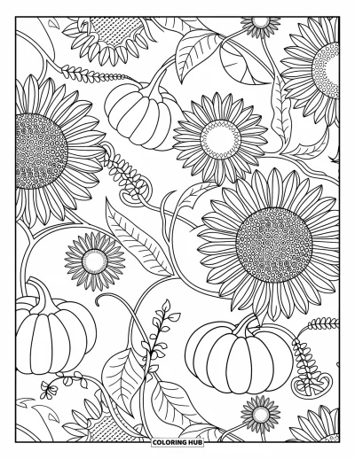 Coloriage de ferme pour adultes : Une magnifique composition de citrouilles, de tournesols et de lianes élégamment tourbillonnantes