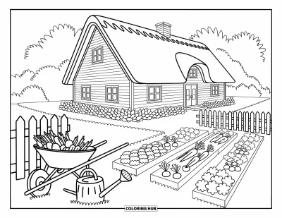 Coloriage de ferme pour adultes : Une ferme charmante avec un toit de chaume et un jardin luxuriant