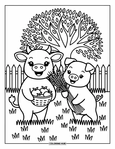 Coloriage de ferme pour adultes : Une vache joyeuse et un cochon rassemblent ensemble des produits frais de la ferme