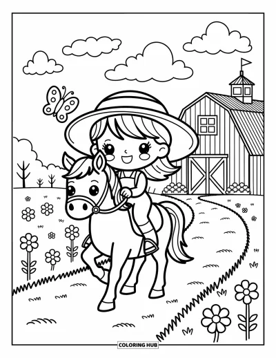 Coloriage de ferme pour adultes : Une jeune fille joyeuse à cheval suit un sentier bordé de fleurs
