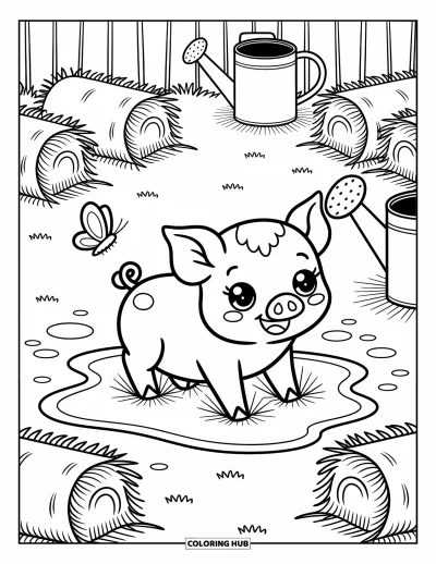 Coloriage de ferme pour adultes : Un porcelet joyeux éclabousse la boue dans une cour de ferme ensoleillée