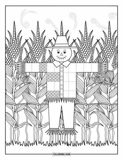 Coloriage de ferme pour adultes : Un épouvantail joyeux en vêtements à motifs se tient fièrement dans un champ de maïs