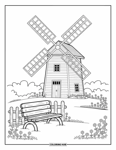 Coloriage de ferme pour adultes : Un moulin à vent classique en bois se dresse sur une colline avec un sentier sinueux